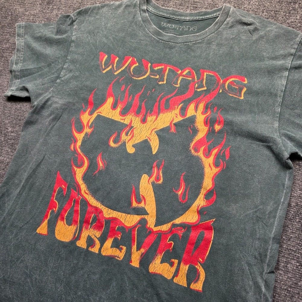 Wu-Tang Clan Forever Graphic T Shirt Mens Large Acid Wash Green Flame Double Sid